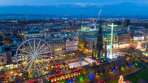 Ariel photo of Edinburgh city centre at Christmas