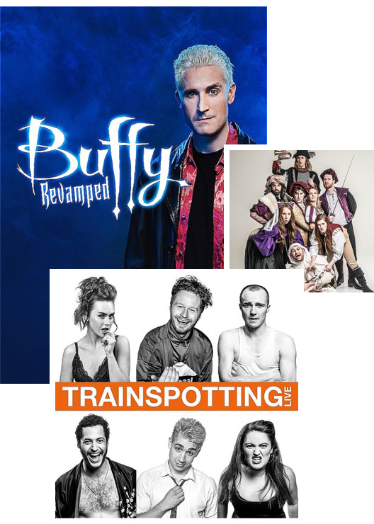 Composite of artwork from Buffy, Sh!tfaced Shakespeare and Trainspotting Live