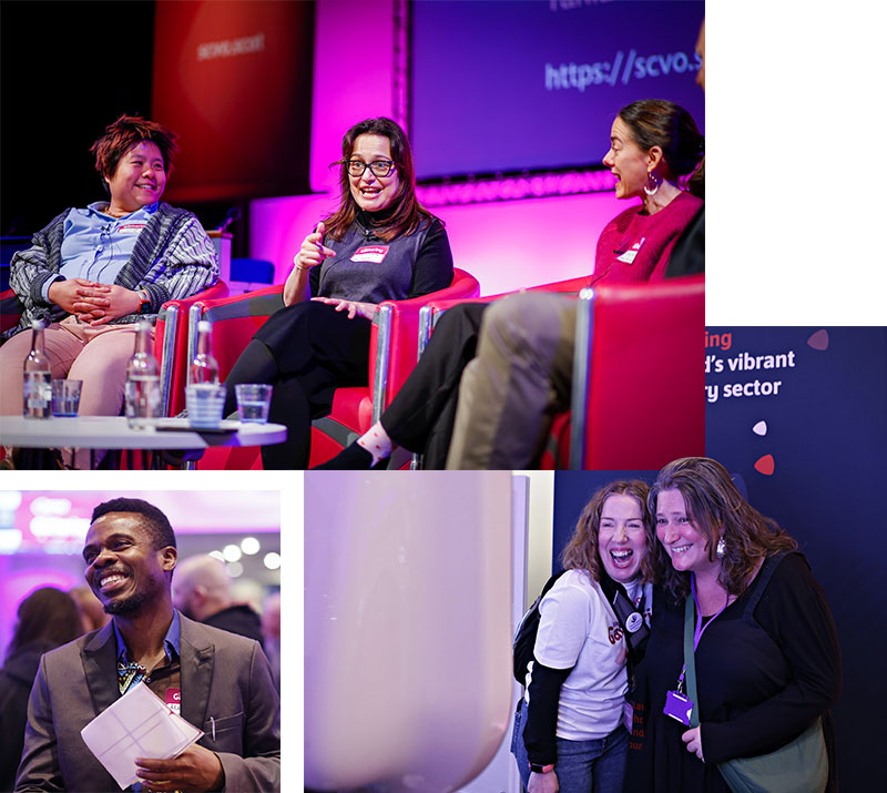 An image of a panel discussion composed with an image of delegates using a photo booth